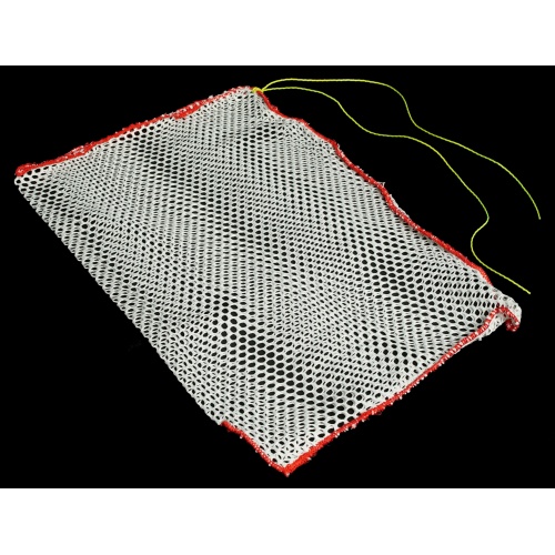 A white mesh bag with red trim on top of black background.