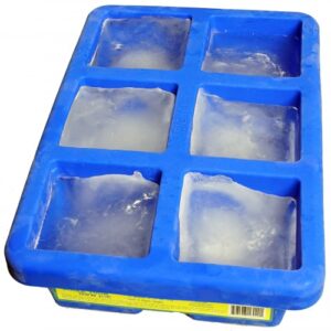 A blue ice cube tray with six cubes in it.