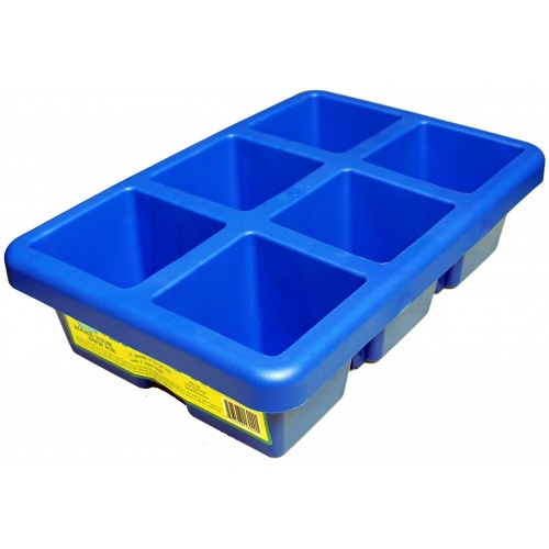 A blue ice cube tray with eight cubes.
