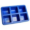 A blue tray with six square shaped ice cubes.