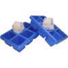 A pair of blue ice trays with one containing two cubes.